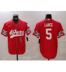 Men San Francisco 49ers 5 Trey Lance Red With Patch Cool Base Stitched Baseball Jersey 2 Men San Francisco 49ers 5 Trey Lance Red With Patch Cool Base Stitched Baseball Jersey 2