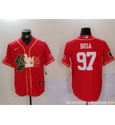 Men San Francisco 49ers 97 Nick Bosa Red With Patch Cool Base Stitched Baseball Jersey 3 Men San Francisco 49ers 97 Nick Bosa Red With Patch Cool Base Stitched Baseball Jersey 3