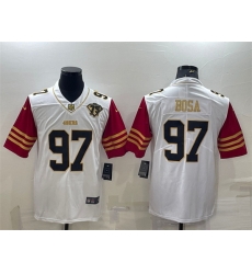 Men San Francisco 49ers 97 Nick Bosa White Gold With 75th Anniversary Patch Stitched Jersey Men San Francisco 49ers 97 Nick Bosa White Gold With 75th Anniversary Patch Stitched Jersey