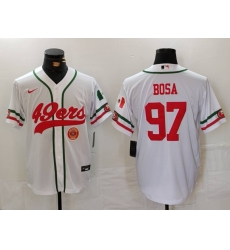 Men San Francisco 49ers 97 Nick Bosa White With Patch Cool Base Stitched Baseball Jersey 2 Men San Francisco 49ers 97 Nick Bosa White With Patch Cool Base Stitched Baseball Jersey 2