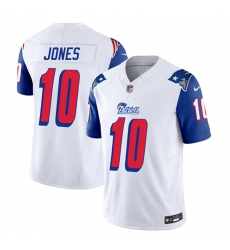 Men New England Patriots 10 Mac Jones White Blue 2023 F U S E Throwback Limited Stitched Football Jersey Men New England Patriots 10 Mac Jones White Blue 2023 F U S E Throwback Limited Stitched Football Jersey