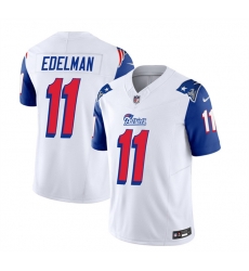 Men New England Patriots 11 Julian Edelman White Blue 2023 F U S E Throwback Limited Stitched Football Jersey Men New England Patriots 11 Julian Edelman White Blue 2023 F U S E Throwback Limited Stitched Football Jersey