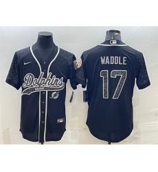Men Miami Dolphins 17 Jaylen Waddle Black Reflective With Patch Cool Base Stitched Baseball Jersey Men Miami Dolphins 17 Jaylen Waddle Black Reflective With Patch Cool Base Stitched Baseball Jersey