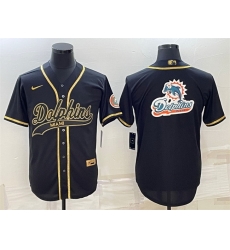 Men Miami Dolphins Black Gold Team Big Logo With Patch Cool Base Stitched Baseball Jersey Men Miami Dolphins Black Gold Team Big Logo With Patch Cool Base Stitched Baseball Jersey
