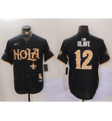 Men New Orleans Saints 12 Chris Olave Black Cool Base Stitched Baseball Jersey 1 Men New Orleans Saints 12 Chris Olave Black Cool Base Stitched Baseball Jersey 1