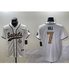 Men New Orleans Saints 7 Taysom Hill White With Patch Cool Base Stitched Baseball Jersey 2 Men New Orleans Saints 7 Taysom Hill White With Patch Cool Base Stitched Baseball Jersey 2