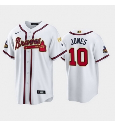 Men Atlanta Braves 10 Chipper Jones 2022 White Gold World Series Champions Program Cool Base Stitched Baseball jersey Men Atlanta Braves 10 Chipper Jones 2022 White Gold World Series Champions Program Cool Base Stitched Baseball jersey