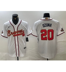 Men Atlanta Braves 20 Marcell Ozuna White Gold World Series Champions Cool Base Stitched Baseball Jersey Men Atlanta Braves 20 Marcell Ozuna White Gold World Series Champions Cool Base Stitched Baseball Jersey