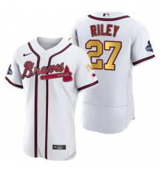 Men Atlanta Braves 27 Austin Riley White Gold World Series Champions Flex Base Stitched Jersey Men Atlanta Braves 27 Austin Riley White Gold World Series Champions Flex Base Stitched Jersey