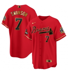 Men Atlanta Braves 7 Dansby Swanson 2021 Red Gold World Series Champions With 150th Anniversary Patch Cool Base Stitched Jersey Men Atlanta Braves 7 Dansby Swanson 2021 Red Gold World Series Champions With 150th Anniversary Patch Cool Base Stitched Jersey