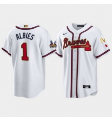 Youth Atlanta Braves 1 Ozzie Albies 2022 White Gold World Series Champions Program Cool Base Stitched Jersey Youth Atlanta Braves 1 Ozzie Albies 2022 White Gold World Series Champions Program Cool Base Stitched Jersey