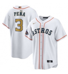 Men Houston Astros 3 Jeremy Pe F1a White 2023 Gold Collection With World Serise Champions Patch Cool Base Stitched Baseball Jersey Men Houston Astros 3 Jeremy Pe F1a White 2023 Gold Collection With World Serise Champions Patch Cool Base Stitched Baseball Jersey