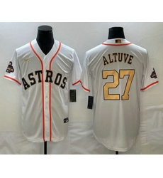 Men's Houston Astros #27 Jose Altuve 2023 White Gold World Serise Champions Patch Cool Base Stitched Jersey Men's Houston Astros #27 Jose Altuve 2023 White Gold World Serise Champions Patch Cool Base Stitched Jersey