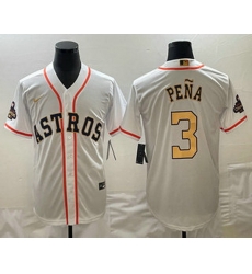 Men's Houston Astros #3 Jeremy Pena 2023 White Gold World Serise Champions Patch Cool Base Stitched Jersey Men's Houston Astros #3 Jeremy Pena 2023 White Gold World Serise Champions Patch Cool Base Stitched Jersey