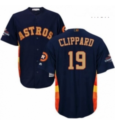 Mens Majestic Houston Astros 19 Tyler Clippard Replica Navy Blue Alternate 2018 Gold Program Cool Base MLB Jersey Mens Majestic Houston Astros 19 Tyler Clippard Replica Navy Blue Alternate 2018 Gold Program Cool Base MLB Jersey