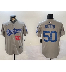 Men Los Angeles Dodgers 50 Mookie Betts Grey 2024 World Series Champions With Fernando Memorial Patch Limited Stitched Baseball Jersey Men Los Angeles Dodgers 50 Mookie Betts Grey 2024 World Series Champions With Fernando Memorial Patch Limited Stitched Baseball Jersey