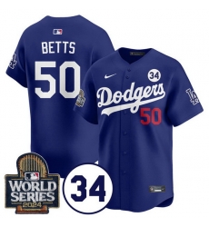Men Los Angeles Dodgers 50 Mookie Betts Royal 2024 World Series With No 34 Patch Limited Stitched Baseball Jersey Men Los Angeles Dodgers 50 Mookie Betts Royal 2024 World Series With No 34 Patch Limited Stitched Baseball Jersey