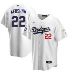 Men Los Angeles Dodgers Clayton Kershaw 22 Championship Gold Trim White Limited All Stitched Flex Base Jersey Men Los Angeles Dodgers Clayton Kershaw 22 Championship Gold Trim White Limited All Stitched Flex Base Jersey