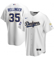 Men Los Angeles Dodgers Cody Bellinger 35 Championship Gold Trim White Limited All Stitched Cool Base Jersey Men Los Angeles Dodgers Cody Bellinger 35 Championship Gold Trim White Limited All Stitched Cool Base Jersey