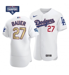 Men Los Angeles Dodgers Trevor Bauer 27 Gold Program Designed Edition White Flex Base Stitched Jersey Men Los Angeles Dodgers Trevor Bauer 27 Gold Program Designed Edition White Flex Base Stitched Jersey