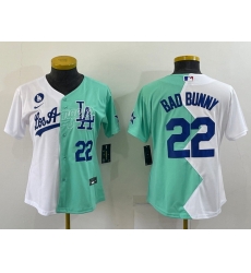 Women Los Angeles Dodgers 22 Bad Bunny 2022 All Star White Green Split Stitched Baseball Jersey 28Run Small 29 Women Los Angeles Dodgers 22 Bad Bunny 2022 All Star White Green Split Stitched Baseball Jersey 28Run Small 29