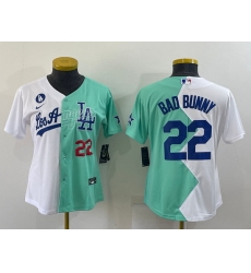 Women Los Angeles Dodgers 22 Bad Bunny 2022 All Star White Green Split Stitched Baseball Jerseys 28 Run Small 29 Women Los Angeles Dodgers 22 Bad Bunny 2022 All Star White Green Split Stitched Baseball Jerseys 28 Run Small 29
