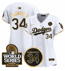 Women Los Angeles Dodgers 34 Fernando Valenzuela White Gold 2024 World Series 26 Fernando Memorial Patch Limited Stitched Baseball Jersey 28Run Small 29 Women Los Angeles Dodgers 34 Fernando Valenzuela White Gold 2024 World Series 26 Fernando Memorial Patch Limited Stitched Baseball Jersey 28Run Small 29