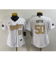 Women Los Angeles Dodgers 50 Mookie Betts 2022 All Star White Stitched Baseball Jersey 28Run Small 29 Women Los Angeles Dodgers 50 Mookie Betts 2022 All Star White Stitched Baseball Jersey 28Run Small 29