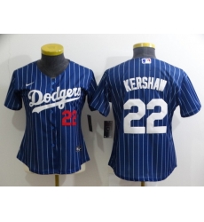 Women's Los Angeles Dodgers #22 Clayton Kershaw Navy Blue Pinstripe Stitched MLB Cool Base Nike Jersey Women's Los Angeles Dodgers #22 Clayton Kershaw Navy Blue Pinstripe Stitched MLB Cool Base Nike Jersey