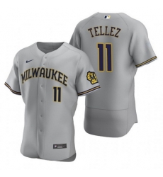 Men Milwaukee Brewers 11 Rowdy Tellez Grey Flex Base Stitched MLB Jerse Men Milwaukee Brewers 11 Rowdy Tellez Grey Flex Base Stitched MLB Jerse