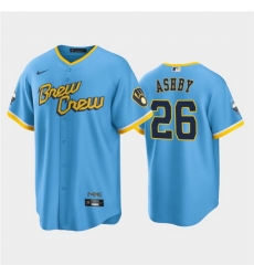 Men Milwaukee Brewers 26 Aaron Ashby 2022 Powder Blue City Connect Cool Base Stitched Jersey Men Milwaukee Brewers 26 Aaron Ashby 2022 Powder Blue City Connect Cool Base Stitched Jersey