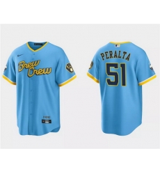 Men Milwaukee Brewers 51 Freddy Peralta Powder Blue City Connect Cool Base Stitched Jersey Men Milwaukee Brewers 51 Freddy Peralta Powder Blue City Connect Cool Base Stitched Jersey