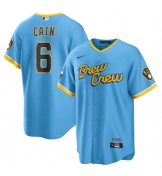 Men Milwaukee Brewers 6 Lorenzo Cain 2022 Powder Blue City Connect Cool Base Stitched Jersey Men Milwaukee Brewers 6 Lorenzo Cain 2022 Powder Blue City Connect Cool Base Stitched Jersey