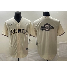 Men Milwaukee Brewers Cream Team Big Logo Cool Base Stitched Jersey Men Milwaukee Brewers Cream Team Big Logo Cool Base Stitched Jersey
