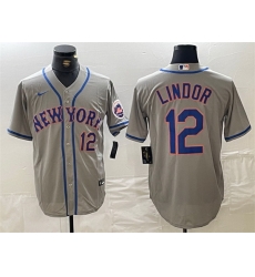 Men New York Mets 12 Francisco Lindor Grey Stitched Baseball Jersey Men New York Mets 12 Francisco Lindor Grey Stitched Baseball Jersey