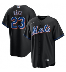 Men New York Mets 23 Javier Baez 2022 Black Cool Base Stitched Baseball Jersey Men New York Mets 23 Javier Baez 2022 Black Cool Base Stitched Baseball Jersey