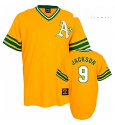 Mens Mitchell and Ness Oakland Athletics 9 Reggie Jackson Replica Gold Throwback MLB Jersey Mens Mitchell and Ness Oakland Athletics 9 Reggie Jackson Replica Gold Throwback MLB Jersey
