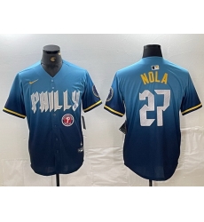 Men Philadelphia Phillies 27 Aaron Nola Blue 2024 City Connect Limited Stitched Baseball Jersey 3 Men Philadelphia Phillies 27 Aaron Nola Blue 2024 City Connect Limited Stitched Baseball Jersey 3