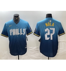 Men Philadelphia Phillies 27 Aaron Nola Blue 2024 City Connect Limited Stitched Jersey Men Philadelphia Phillies 27 Aaron Nola Blue 2024 City Connect Limited Stitched Jersey