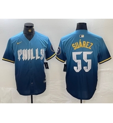 Men Philadelphia Phillies 55 Ranger Suarez Blue 2024 City Connect Limited Stitched Jersey 1 Men Philadelphia Phillies 55 Ranger Suarez Blue 2024 City Connect Limited Stitched Jersey 1