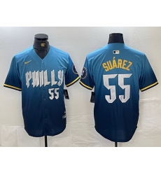 Men Philadelphia Phillies 55 Ranger Suarez Blue 2024 City Connect Limited Stitched Jersey 6 Men Philadelphia Phillies 55 Ranger Suarez Blue 2024 City Connect Limited Stitched Jersey 6