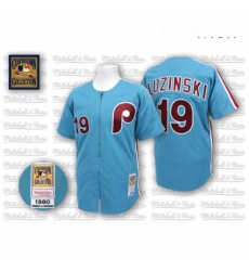 Mens Mitchell and Ness Philadelphia Phillies 19 Greg Luzinski Authentic Blue Throwback MLB Jersey Mens Mitchell and Ness Philadelphia Phillies 19 Greg Luzinski Authentic Blue Throwback MLB Jersey