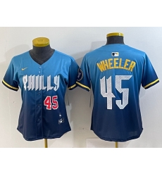 Women Philadelphia Phillies 45 Zack Wheeler Blue 2024 City Connect Limited Stitched Baseball Jersey 5 Women Philadelphia Phillies 45 Zack Wheeler Blue 2024 City Connect Limited Stitched Baseball Jersey 5