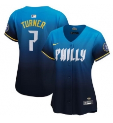 Women Philadelphia Phillies 7 Trea Turner Blue 2024 City Connect Limited Stitched Baseball Jersey Women Philadelphia Phillies 7 Trea Turner Blue 2024 City Connect Limited Stitched Baseball Jersey