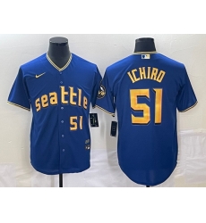 Men's Seattle Mariners #51 Ichiro Suzuki Number Blue 2023 City Connect Cool Base Stitched Jersey Men's Seattle Mariners #51 Ichiro Suzuki Number Blue 2023 City Connect Cool Base Stitched Jersey