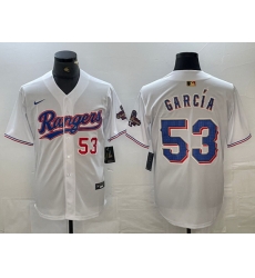Men Texas Rangers 53 Adolis Garc EDa White Gold Cool Base Stitched Baseball Jersey II Men Texas Rangers 53 Adolis Garc EDa White Gold Cool Base Stitched Baseball Jersey II