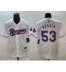 Men Texas Rangers 53 Adolis Garcia White 2023 World Series Champions Cool Base Jersey Men Texas Rangers 53 Adolis Garcia White 2023 World Series Champions Cool Base Jersey