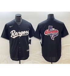 Men Texas Rangers Black 2023 World Series Champions Big Logo Cool Base Stitched Baseball Jersey Men Texas Rangers Black 2023 World Series Champions Big Logo Cool Base Stitched Baseball Jersey