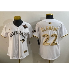Women Toronto Blue Jays 22 Ernie Clement White Gold 2025 American League Champions Limited Stitched Baseball Jersey Women Toronto Blue Jays 22 Ernie Clement White Gold 2025 American League Champions Limited Stitched Baseball Jersey