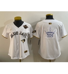 Women Toronto Blue Jays 26 Leafs White Gold 2025 American League Champions With White Leafs Logo Limited Stitched Baseball Jersey Women Toronto Blue Jays 26 Leafs White Gold 2025 American League Champions With White Leafs Logo Limited Stitched Baseball Jersey